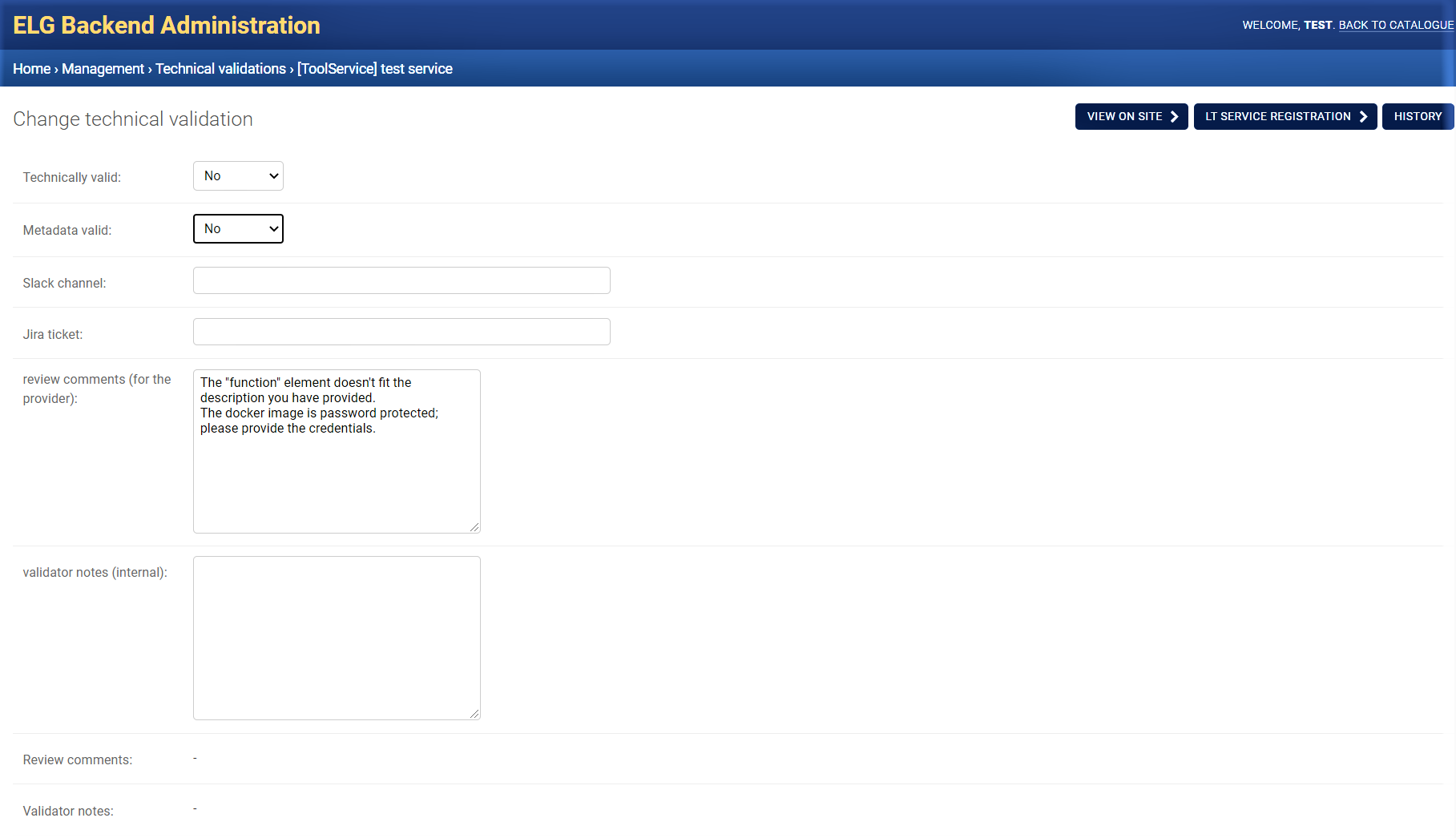 Technical validation form with review comments