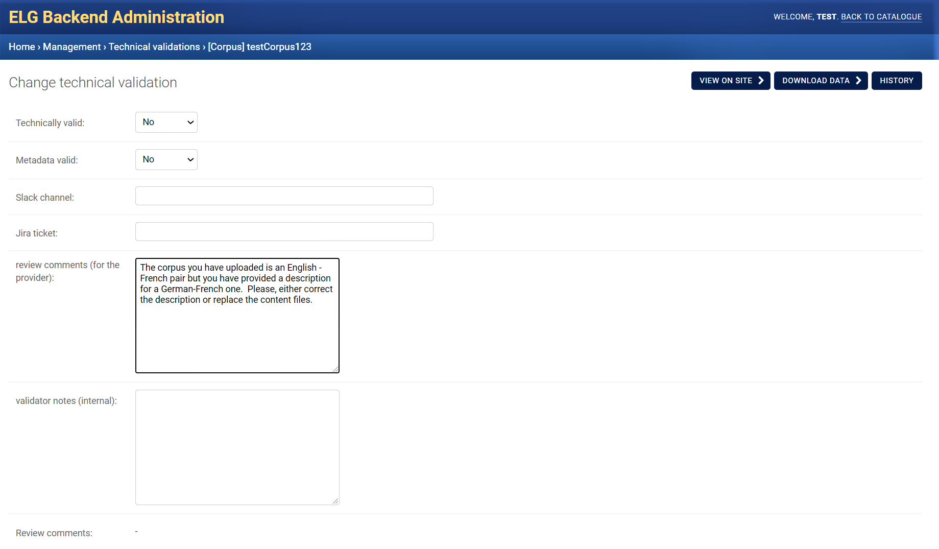 Technical validation form with review comments